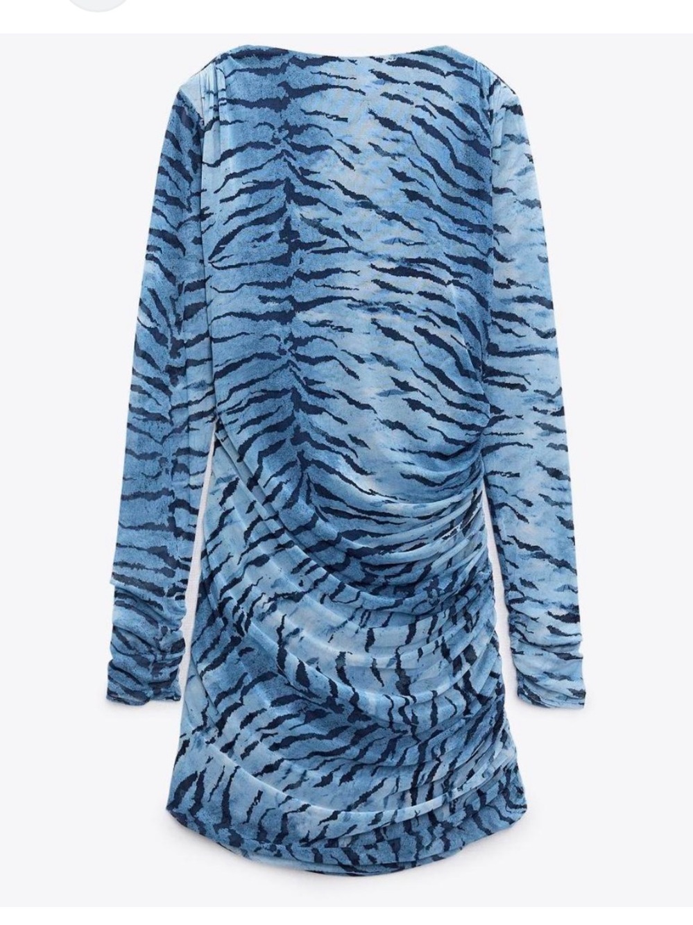 ZARA Ruched Long-Sleeve Blue Tiger-Print Dress